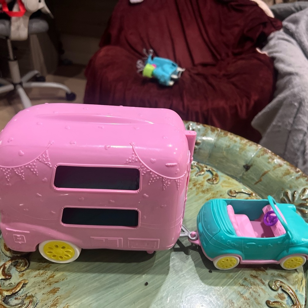 Barbie trailer and car- Pink and Teal Toy Camper Set